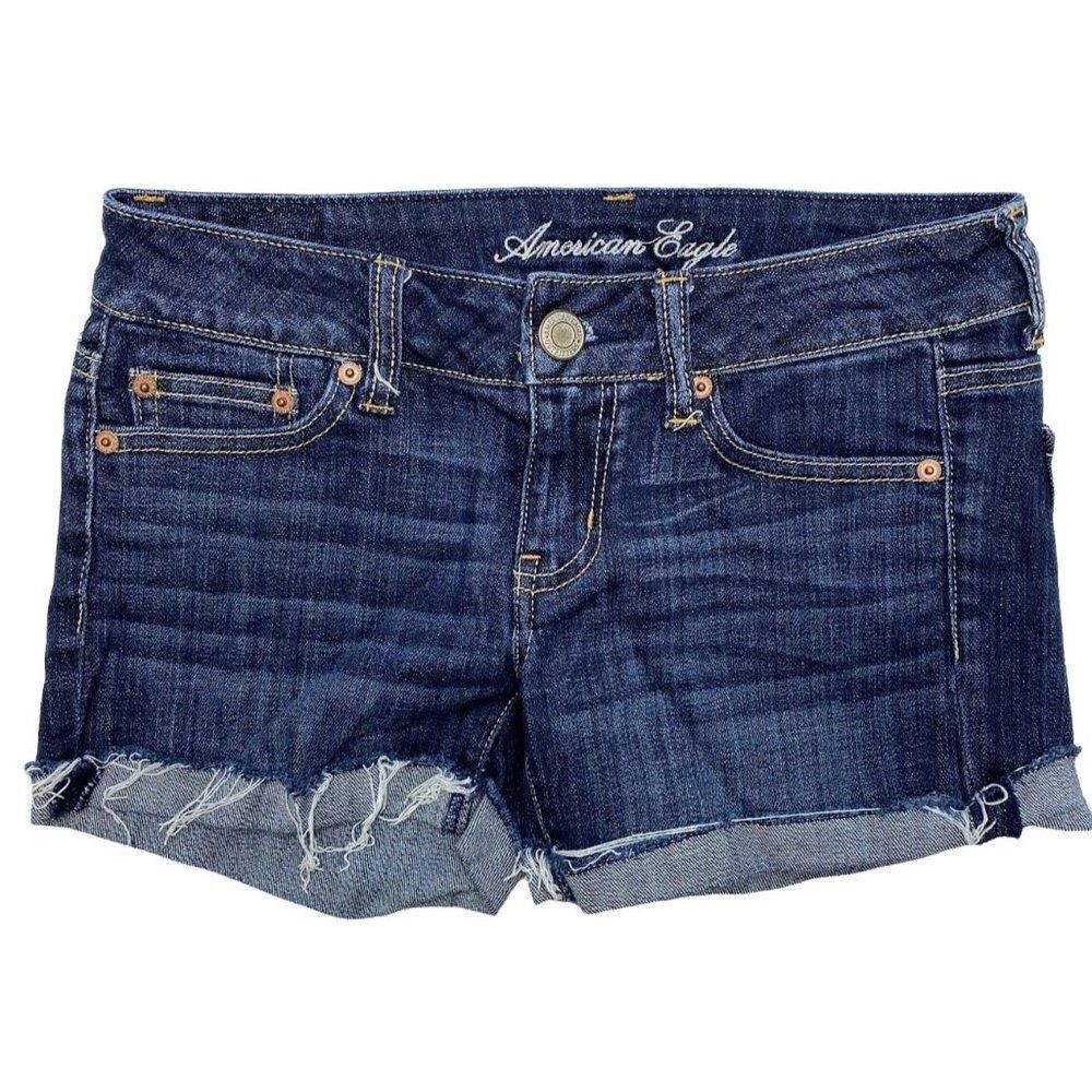 Americal Eagle AEO Stretch Jean‎ Shorts Women's 2 XS Frayed Denim Pockets Cuffed